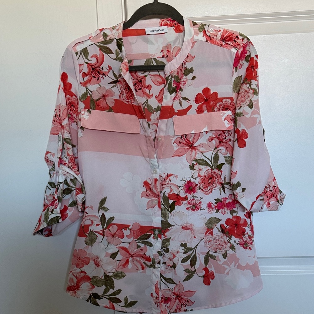 Calvin Klein Pink and Red Floral Blouse